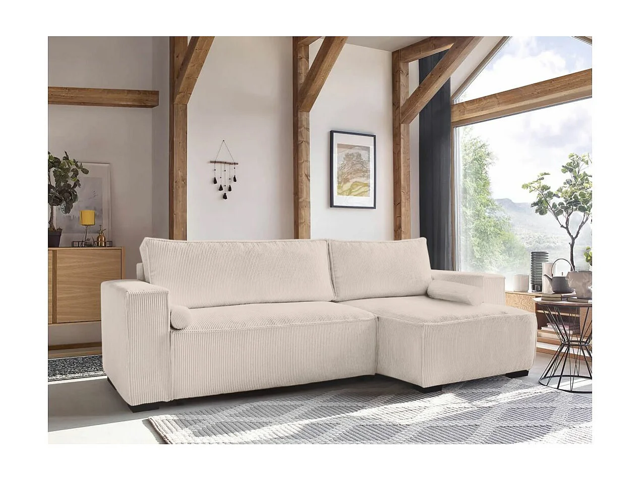 Canapé d'angle 3 places convertible réversible Clarence en velours côtelé - Beige - L248 x P161 x H90cm - Loungitude