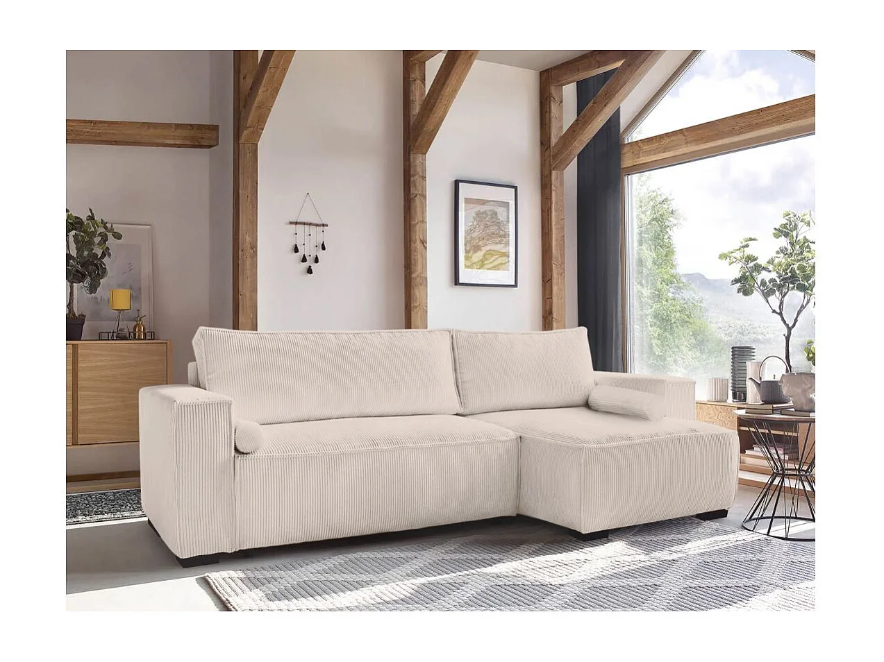 Canapé d'angle 3 places convertible réversible Clarence en velours côtelé - Beige - L248 x P161 x H90cm - Loungitude