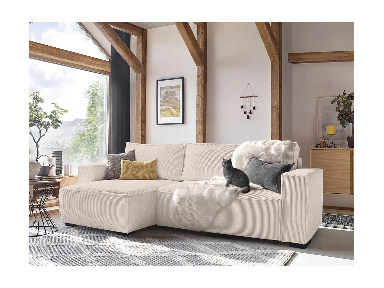 Canapé d'angle 3 places convertible réversible Clarence en velours côtelé - Beige - L248 x P161 x H90cm - Loungitude