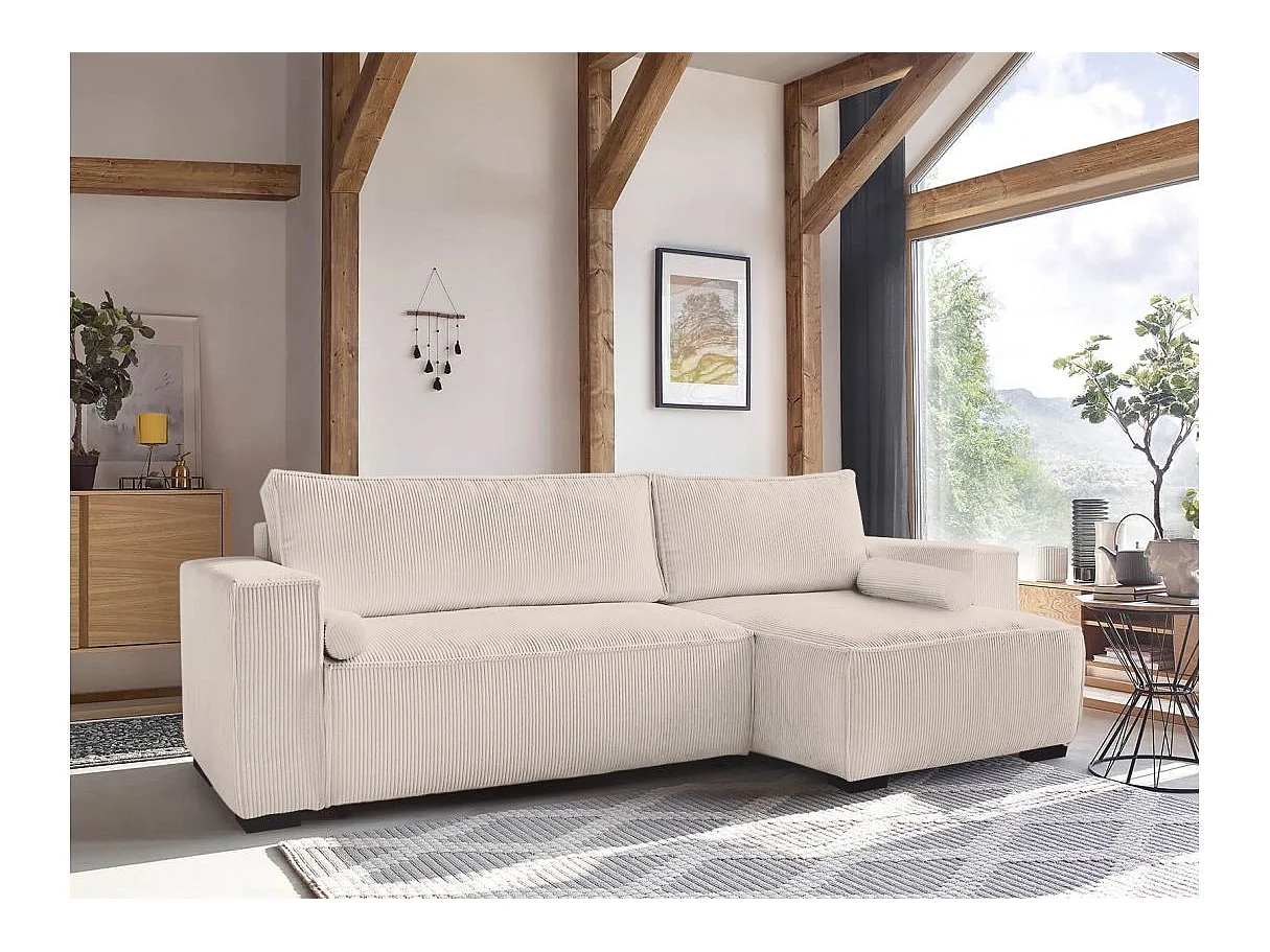 Canapé d'angle 3 places convertible réversible Clarence en velours côtelé - Beige - L248 x P161 x H90cm - Loungitude