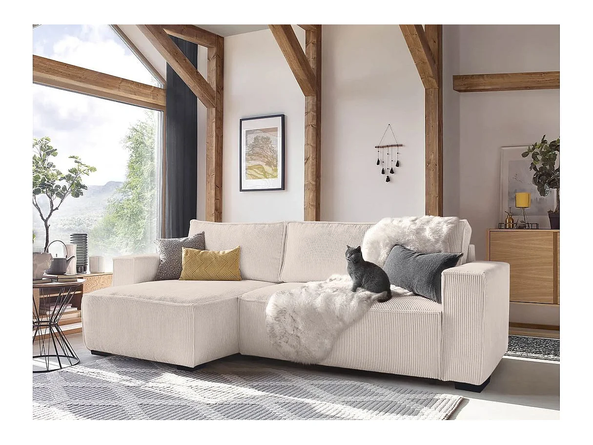 Canapé d'angle 3 places convertible réversible Clarence en velours côtelé - Beige - L248 x P161 x H90cm - Loungitude