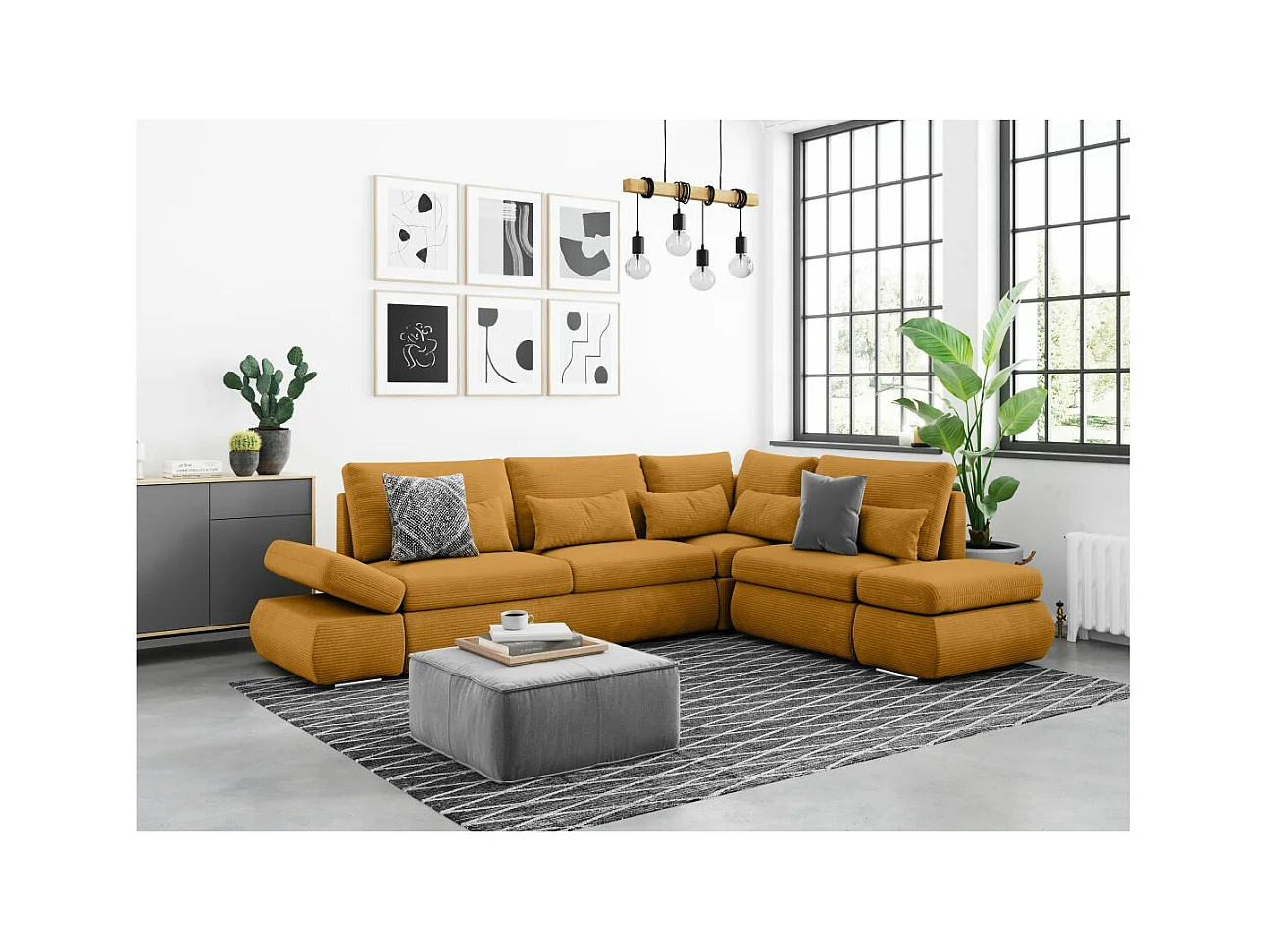 Canapé d'angle 4 places réversible Sebastian convertible avec coffre en velours côtelé - Jaune - L267 x P200 x H90cm - Loungitude