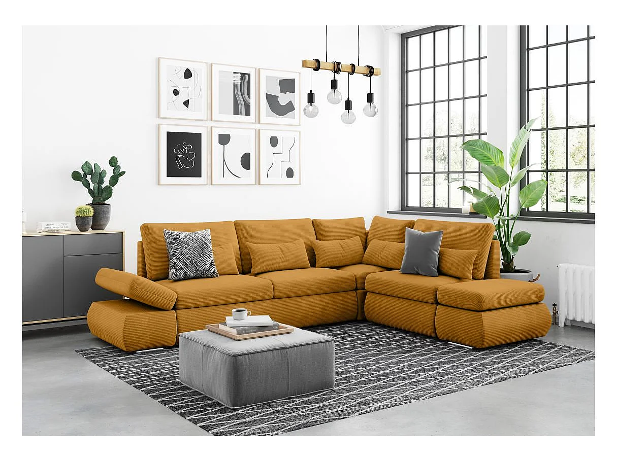 Canapé d'angle 4 places réversible Sebastian convertible avec coffre en velours côtelé - Jaune - L267 x P200 x H90cm - Loungitude