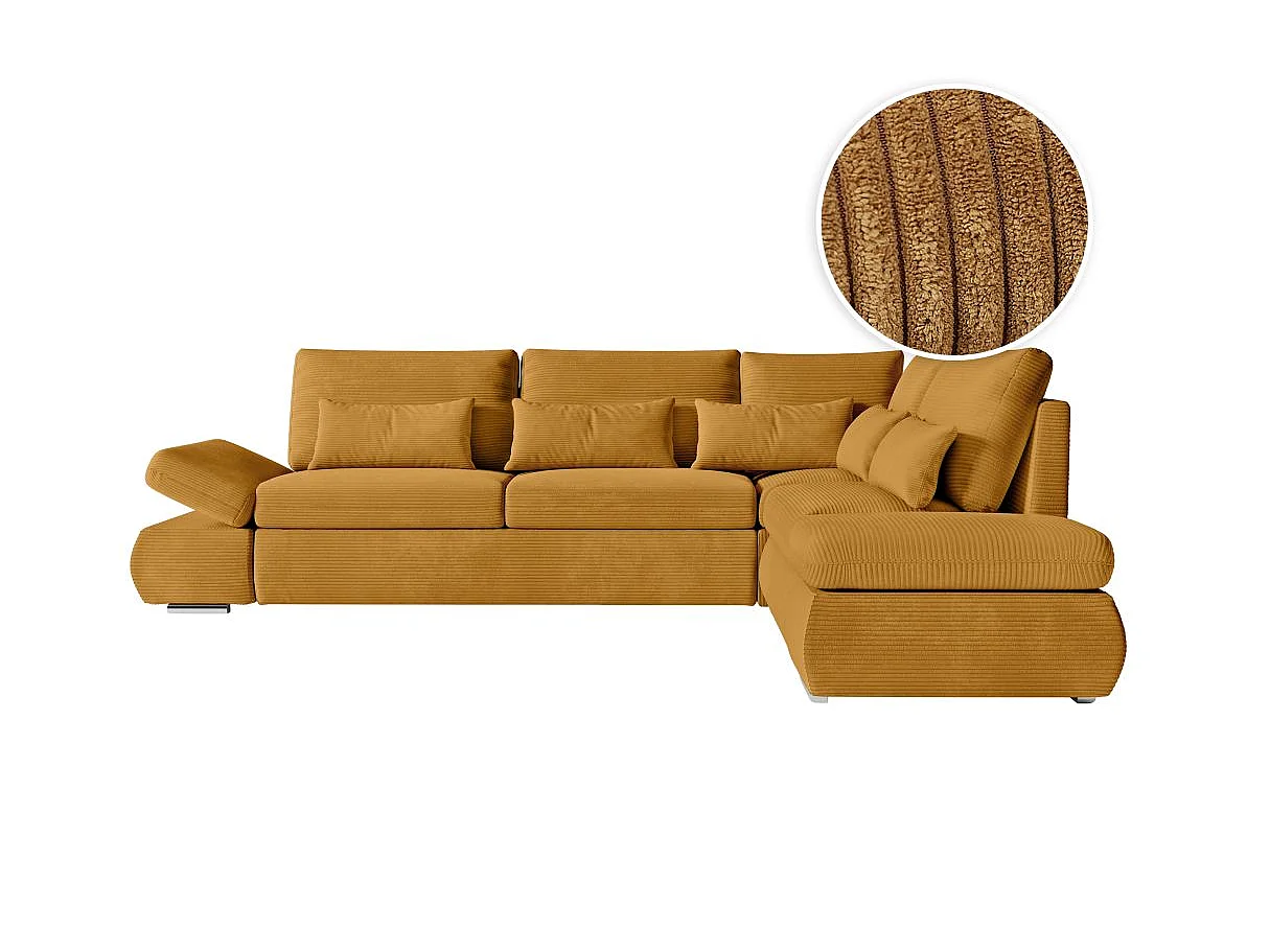 Canapé d'angle 4 places réversible Sebastian convertible avec coffre en velours côtelé - Jaune - L267 x P200 x H90cm - Loungitude