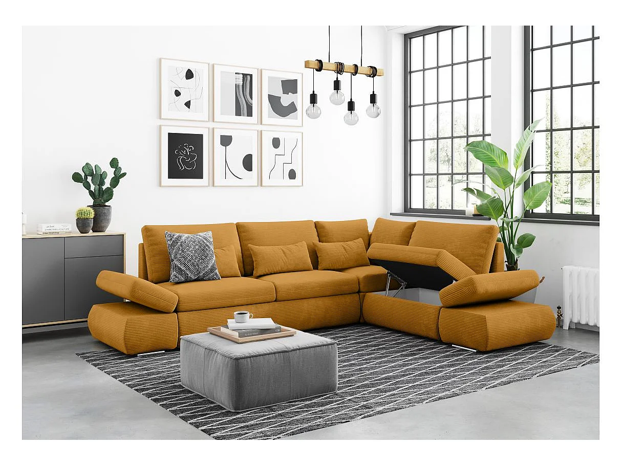 Canapé d'angle 4 places réversible Sebastian convertible avec coffre en velours côtelé - Jaune - L267 x P200 x H90cm - Loungitude