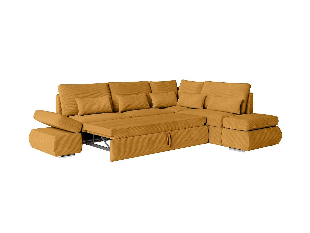 Canapé d'angle 4 places réversible Sebastian convertible avec coffre en velours côtelé - Jaune - L267 x P200 x H90cm - Loungitude