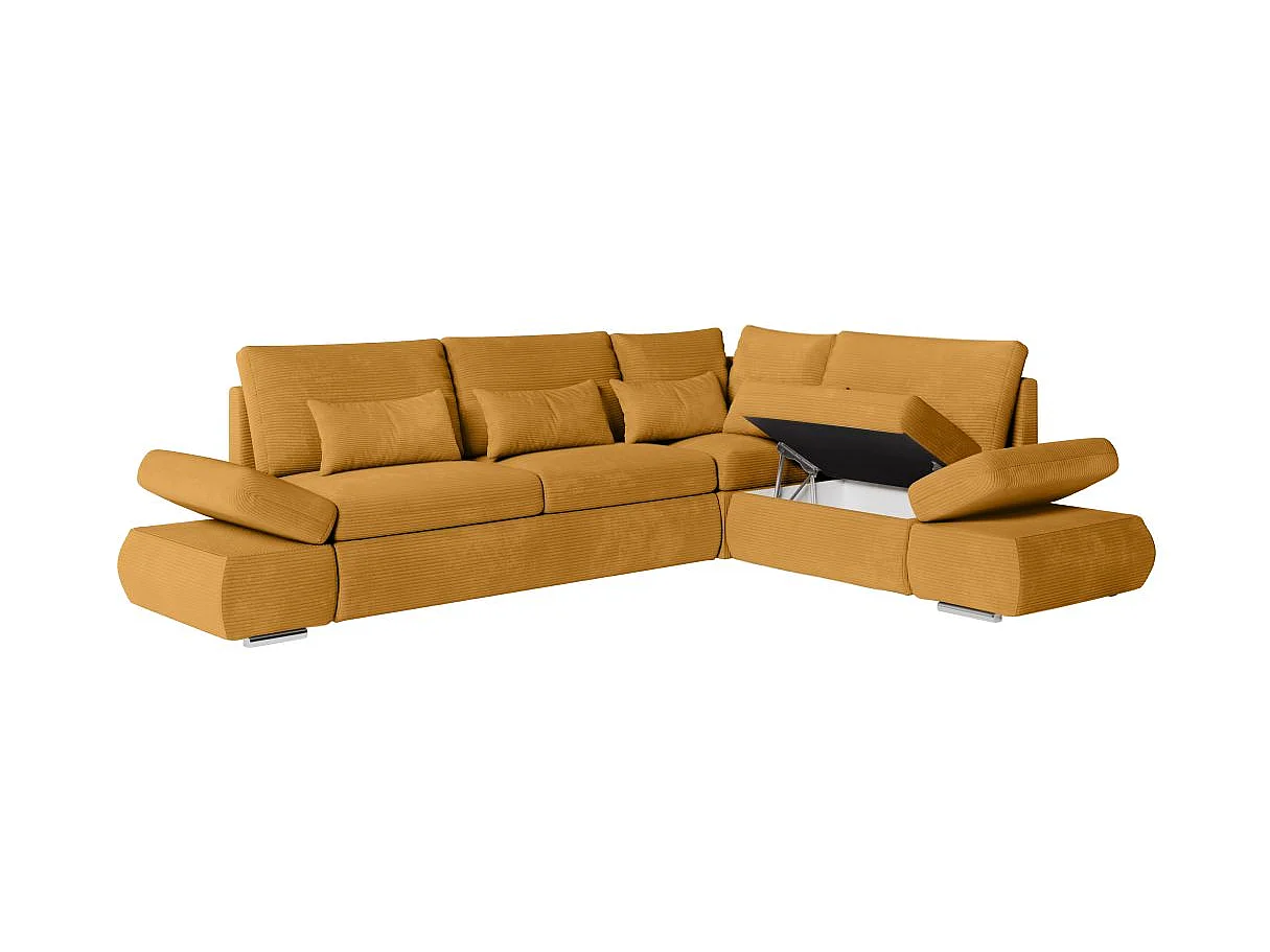 Canapé d'angle 4 places réversible Sebastian convertible avec coffre en velours côtelé - Jaune - L267 x P200 x H90cm - Loungitude