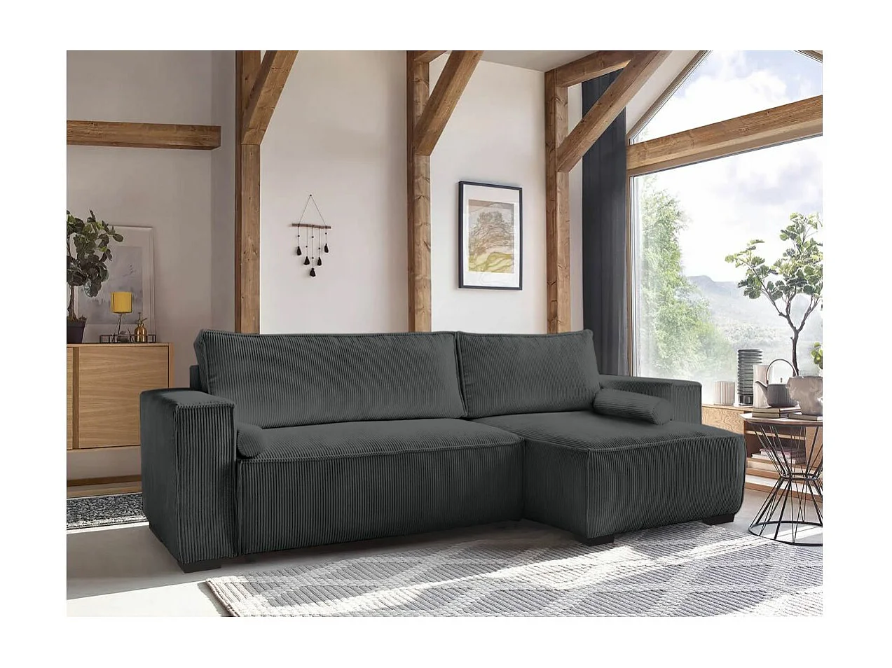 Canapé d'angle 3 places convertible réversible Clarence en velours côtelé - Gris anthracite - L248 x P161 x H90cm - Loungitude