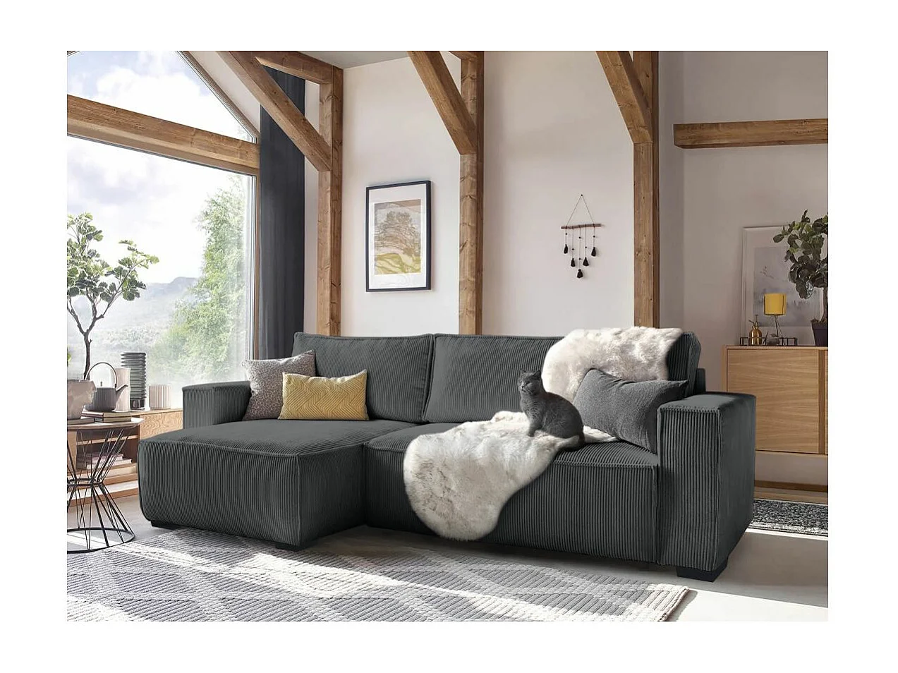 Canapé d'angle 3 places convertible réversible Clarence en velours côtelé - Gris anthracite - L248 x P161 x H90cm - Loungitude