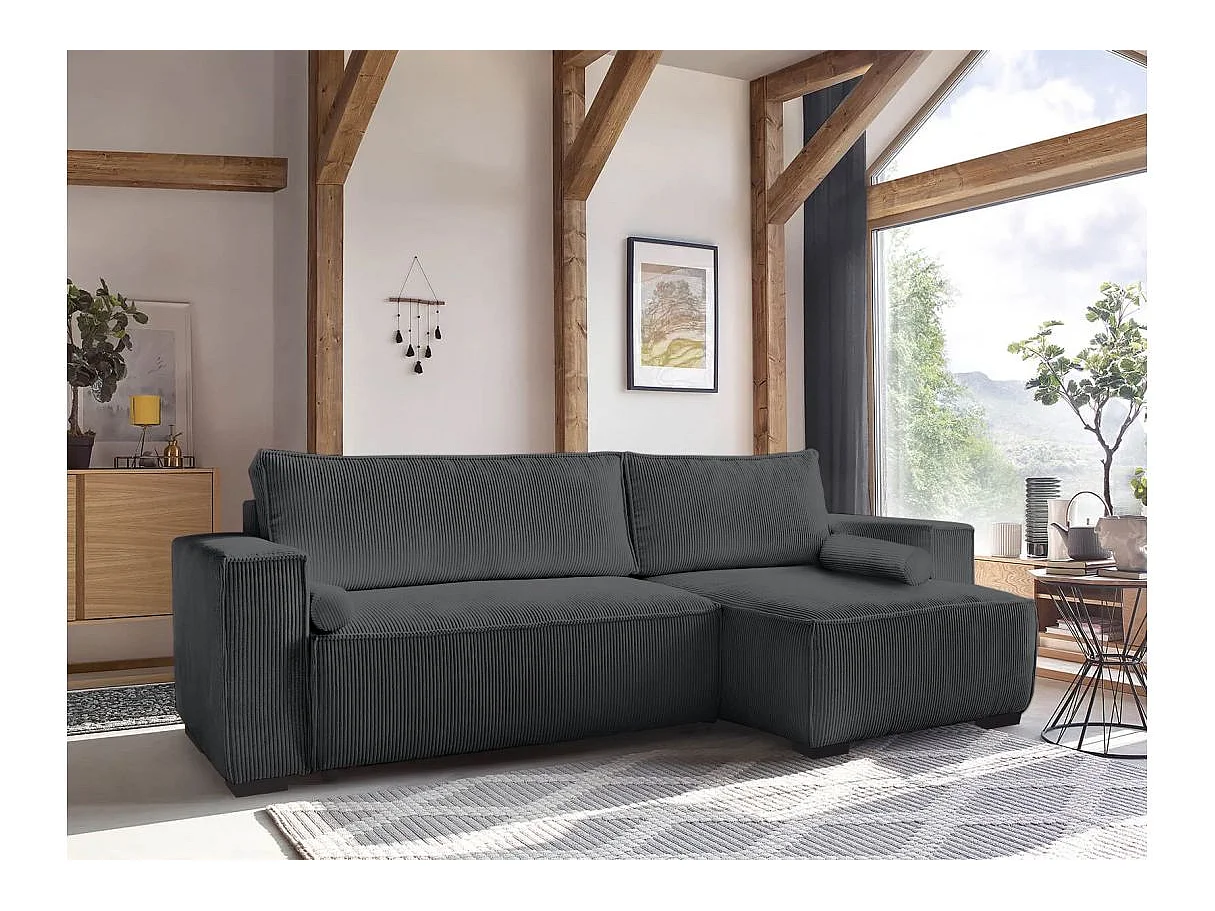Canapé d'angle 3 places convertible réversible Clarence en velours côtelé - Gris anthracite - L248 x P161 x H90cm - Loungitude