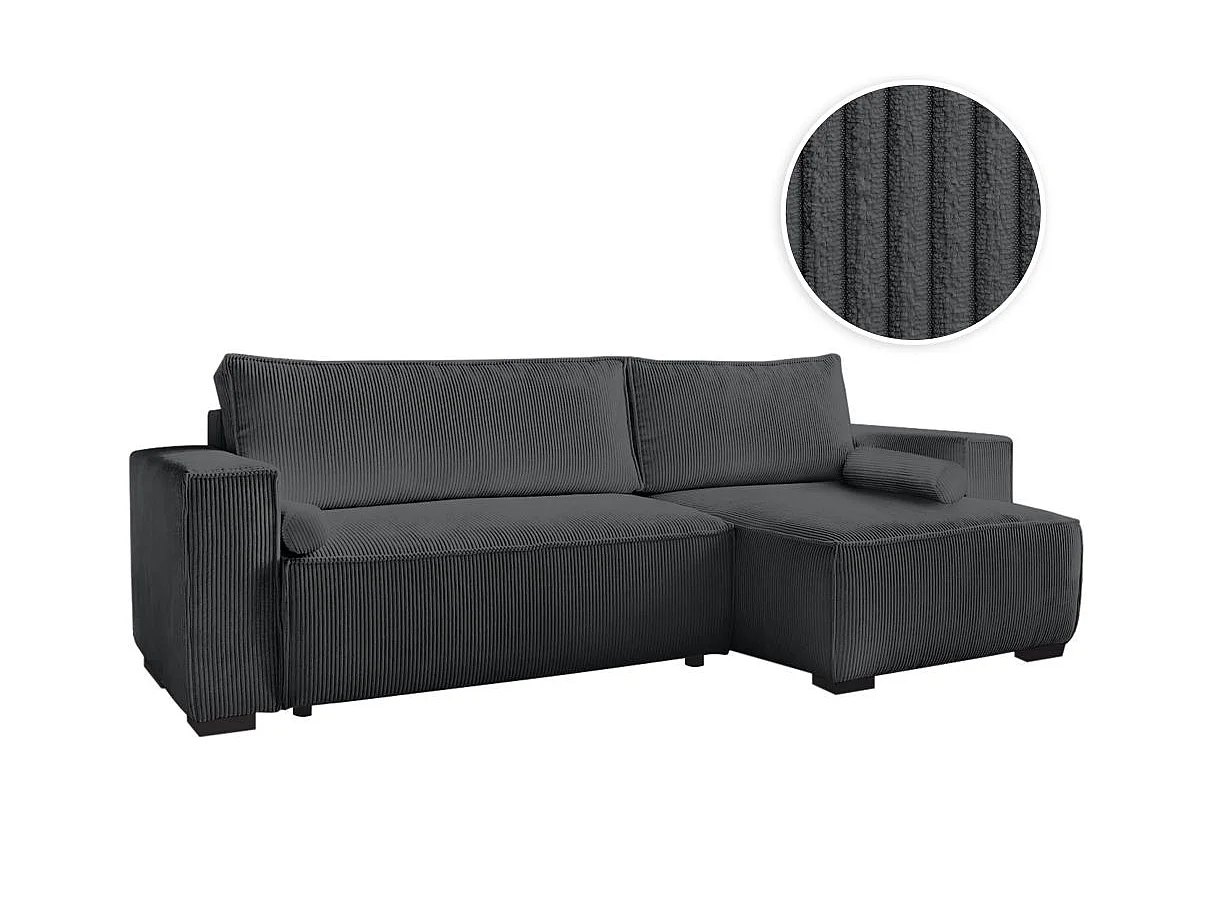 Canapé d'angle 3 places convertible réversible Clarence en velours côtelé - Gris anthracite - L248 x P161 x H90cm - Loungitude