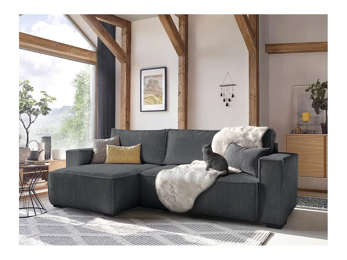 Canapé d'angle 3 places convertible réversible Clarence en velours côtelé - Gris anthracite - L248 x P161 x H90cm - Loungitude