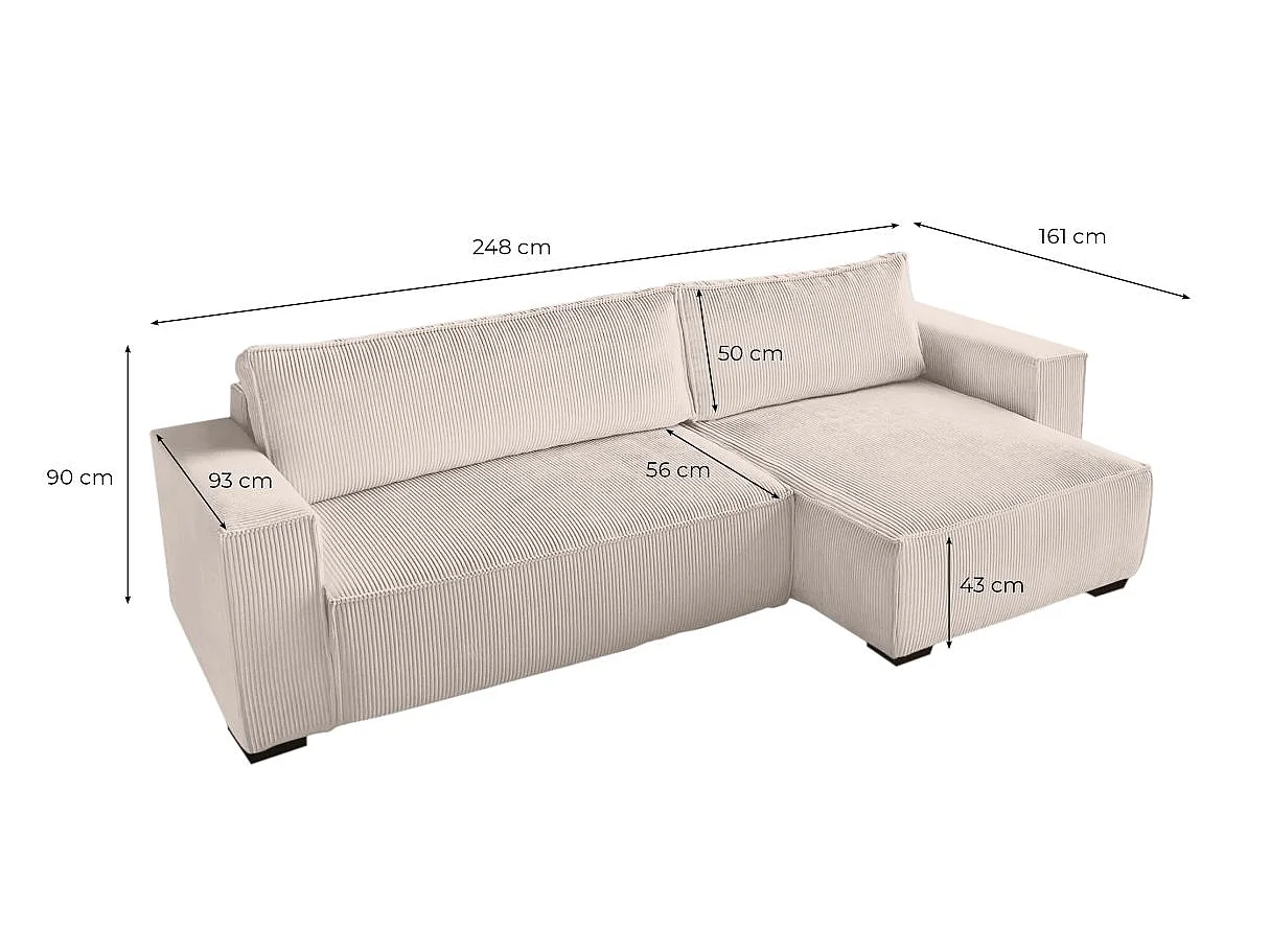 Canapé d'angle 3 places convertible réversible Clarence en velours côtelé - Gris anthracite - L248 x P161 x H90cm - Loungitude