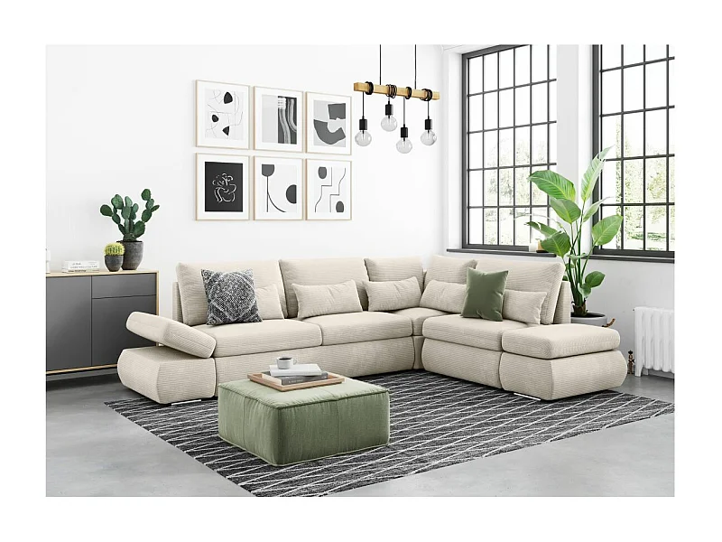 Canapé d'angle 4 places réversible Sebastian convertible avec coffre en velours côtelé - Beige - L267 x P200 x H90cm - Loungitude