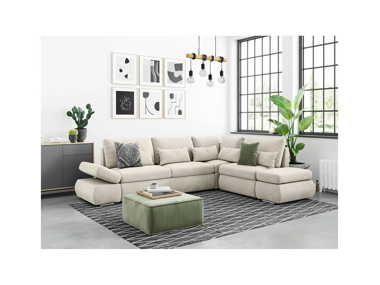 Canapé d'angle 4 places réversible Sebastian convertible avec coffre en velours côtelé - Beige - L267 x P200 x H90cm - Loungitude