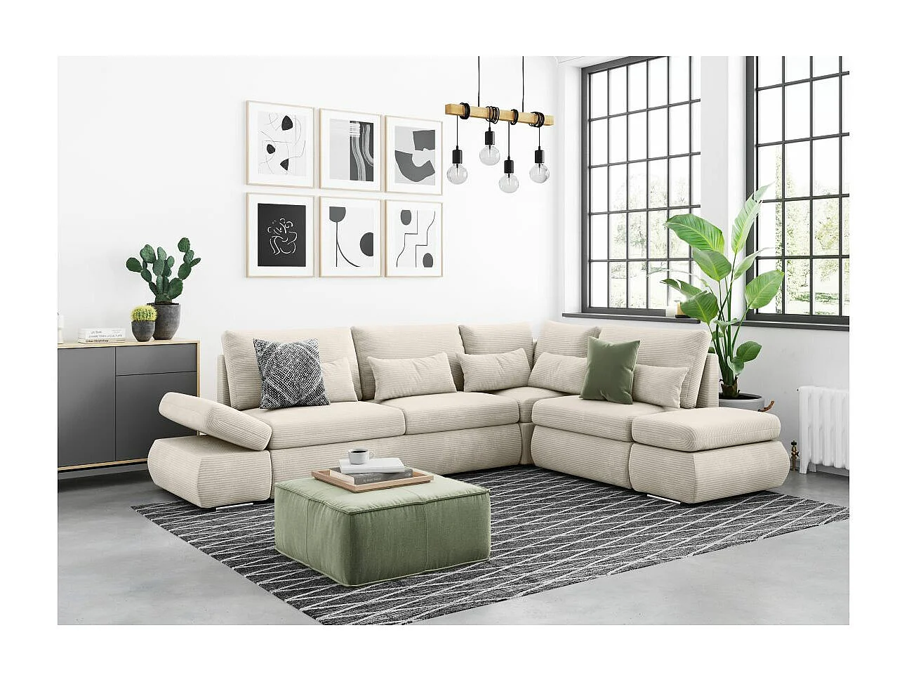 Canapé d'angle 4 places réversible Sebastian convertible avec coffre en velours côtelé - Beige - L267 x P200 x H90cm - Loungitude