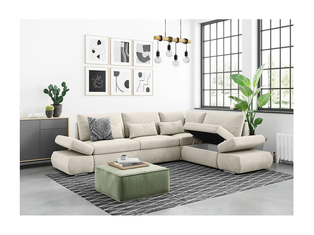 Canapé d'angle 4 places réversible Sebastian convertible avec coffre en velours côtelé - Beige - L267 x P200 x H90cm - Loungitude