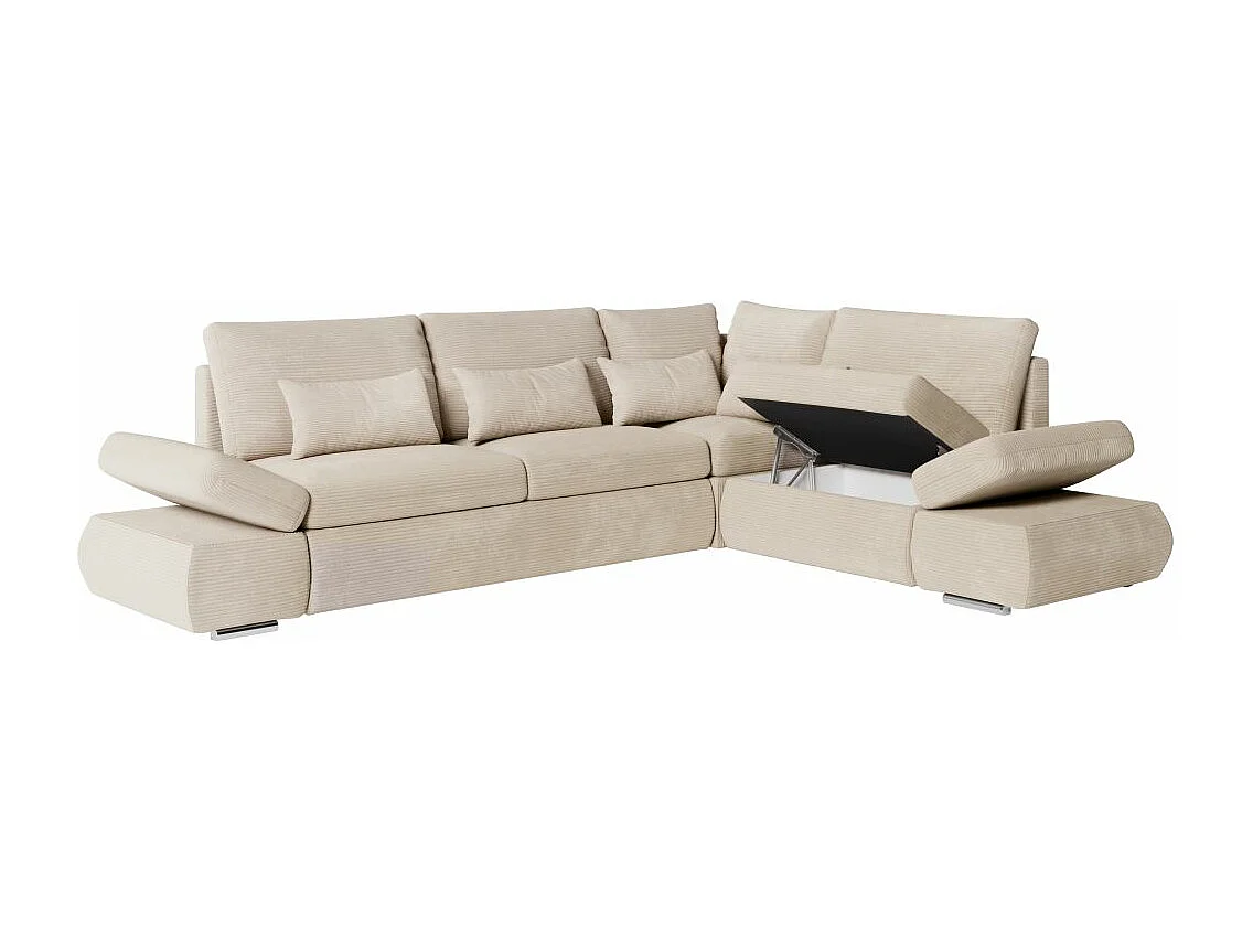 Canapé d'angle 4 places réversible Sebastian convertible avec coffre en velours côtelé - Beige - L267 x P200 x H90cm - Loungitude
