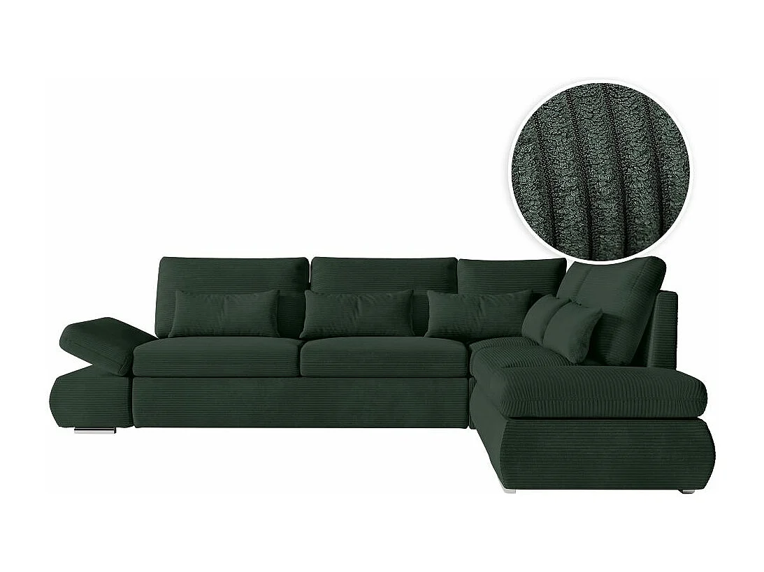 Canapé d'angle 4 places réversible Sebastian convertible avec coffre en velours côtelé - Vert foncé - L267 x P200 x H90cm - Loungitude