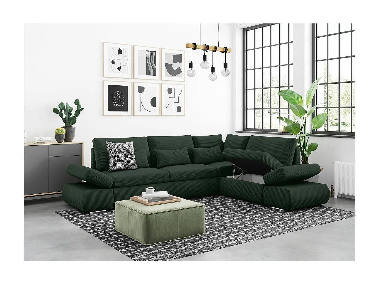 Canapé d'angle 4 places réversible Sebastian convertible avec coffre en velours côtelé - Vert foncé - L267 x P200 x H90cm - Loungitude