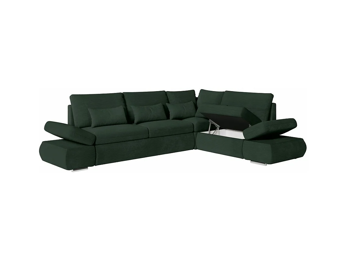Canapé d'angle 4 places réversible Sebastian convertible avec coffre en velours côtelé - Vert foncé - L267 x P200 x H90cm - Loungitude