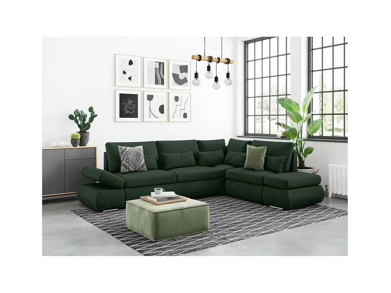 Canapé d'angle 4 places réversible Sebastian convertible avec coffre en velours côtelé - Vert foncé - L267 x P200 x H90cm - Loungitude