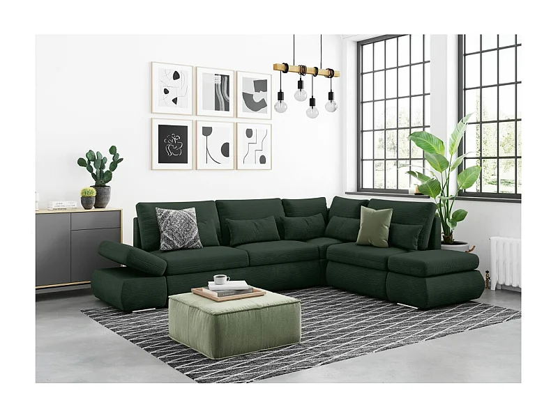 Canapé d'angle 4 places réversible Sebastian convertible avec coffre en velours côtelé - Vert foncé - L267 x P200 x H90cm - Loungitude