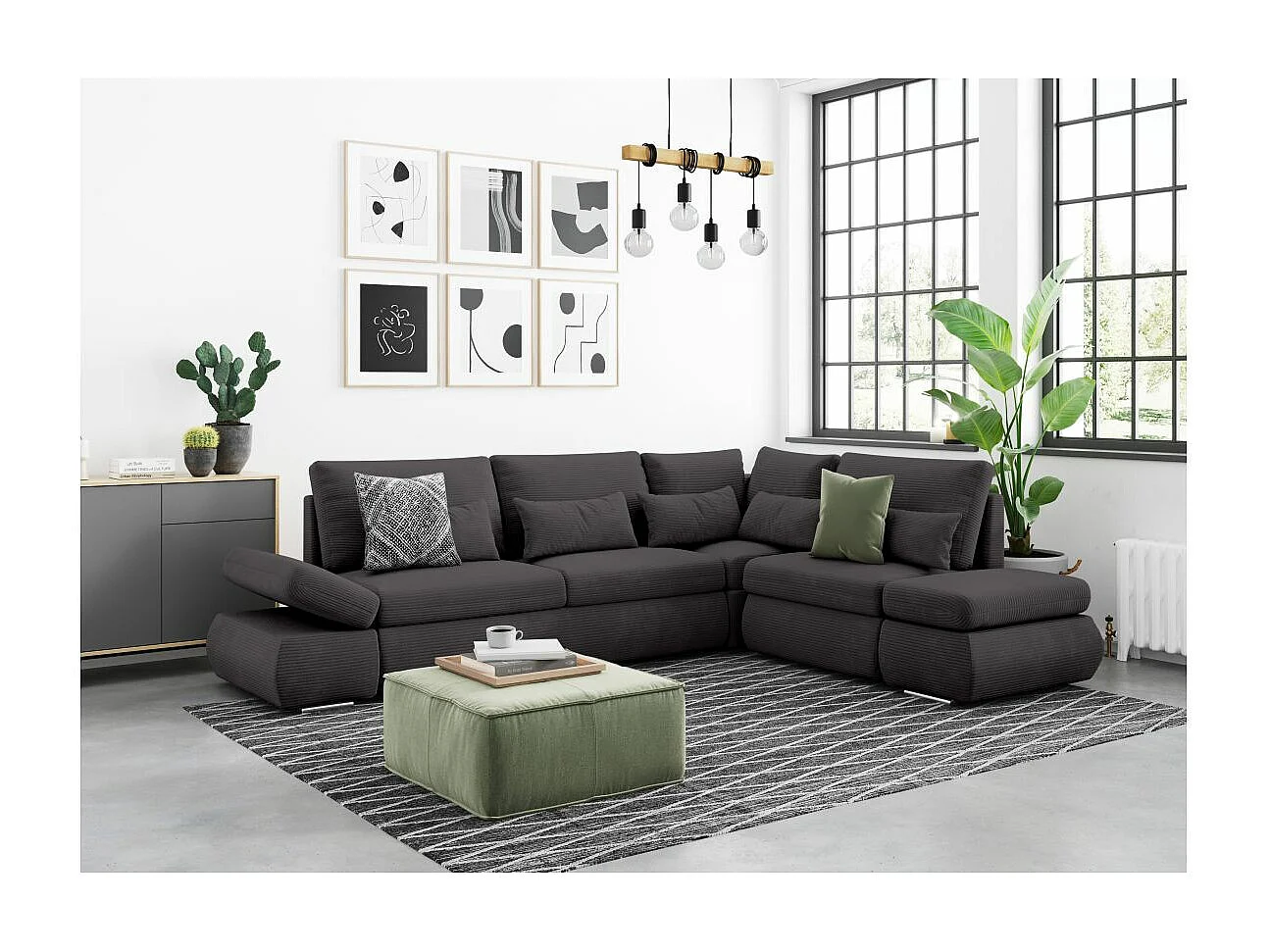 Canapé d'angle 4 places réversible Sebastian convertible avec coffre en velours côtelé - Gris anthracite - L267 x P200 x H90cm - Loungitude