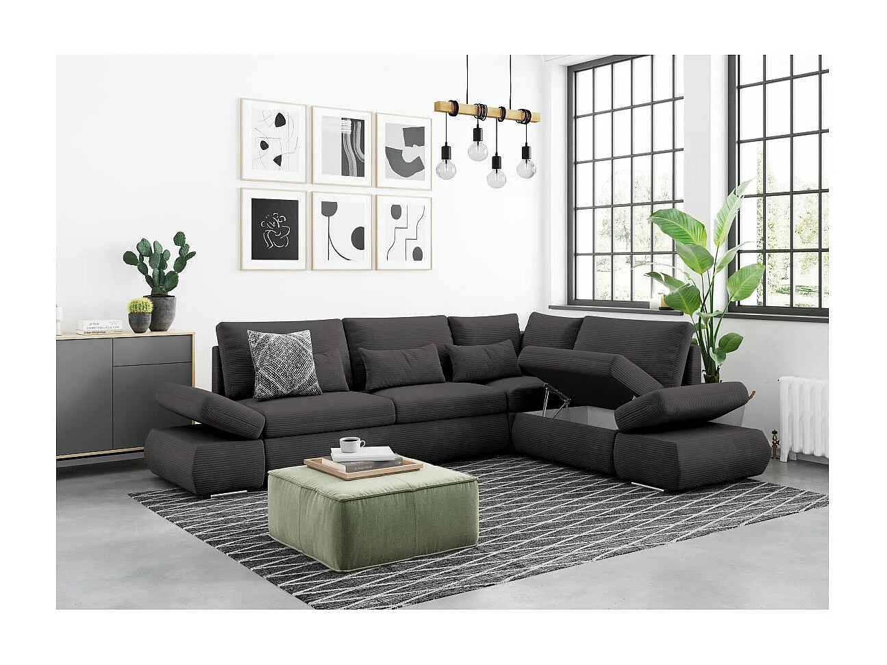 Canapé d'angle 4 places réversible Sebastian convertible avec coffre en velours côtelé - Gris anthracite - L267 x P200 x H90cm - Loungitude