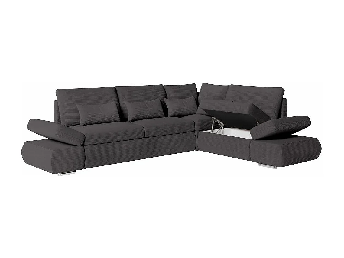 Canapé d'angle 4 places réversible Sebastian convertible avec coffre en velours côtelé - Gris anthracite - L267 x P200 x H90cm - Loungitude