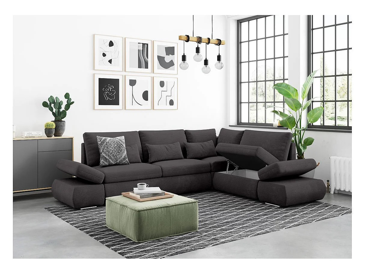 Canapé d'angle convertible 4 places en velours gris anthracite
