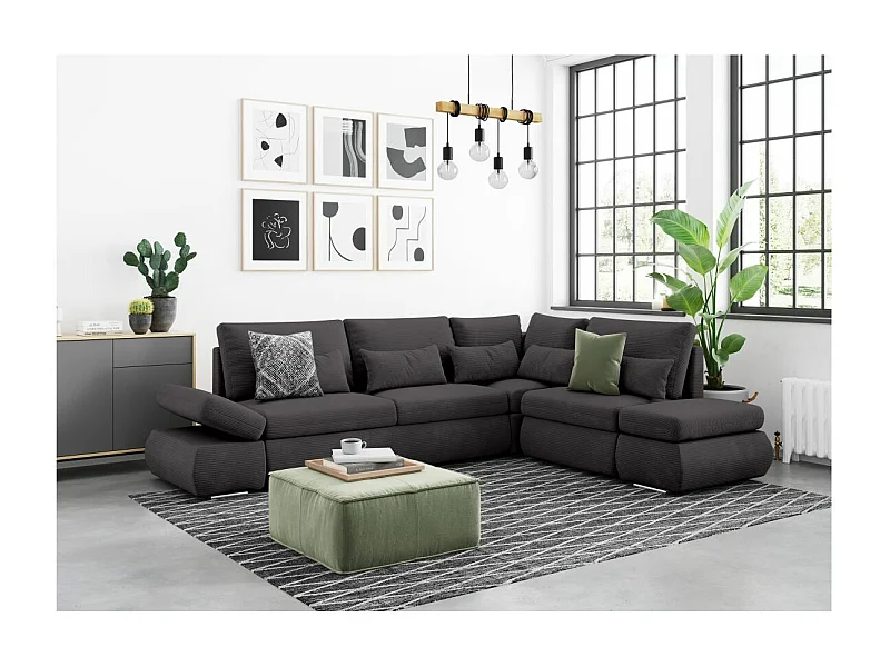 Canapé d'angle 4 places réversible Sebastian convertible avec coffre en velours côtelé - Gris anthracite - L267 x P200 x H90cm - Loungitude