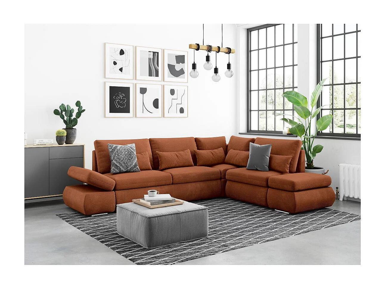 Canapé d'angle 4 places réversible Sebastian convertible avec coffre en velours côtelé - Terracotta - L267 x P200 x H90cm - Loungitude