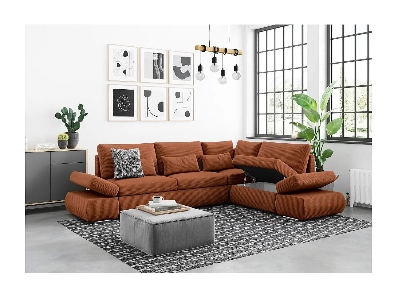 Canapé d'angle 4 places réversible Sebastian convertible avec coffre en velours côtelé - Terracotta - L267 x P200 x H90cm - Loungitude