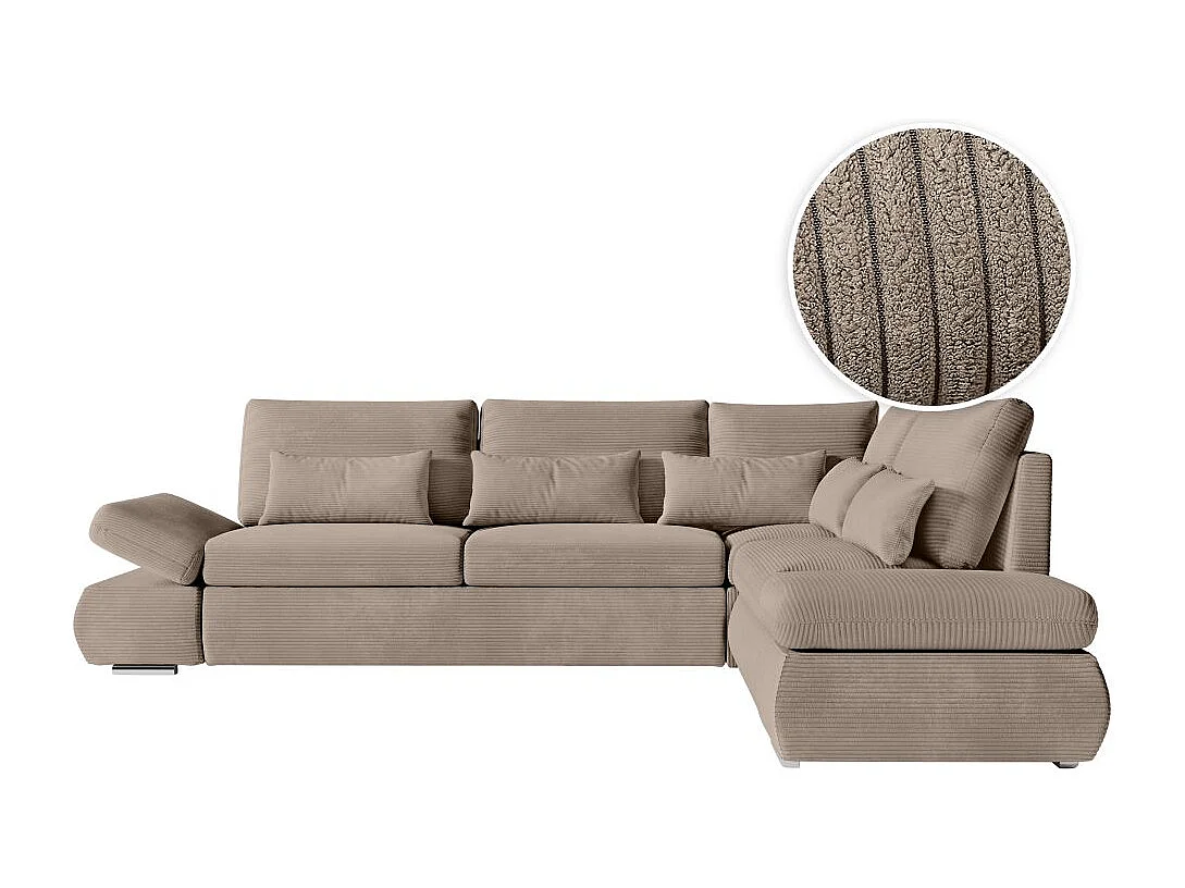 Canapé d'angle 4 places réversible Sebastian convertible avec coffre en velours côtelé - Taupe - L267 x P200 x H90cm - Loungitude