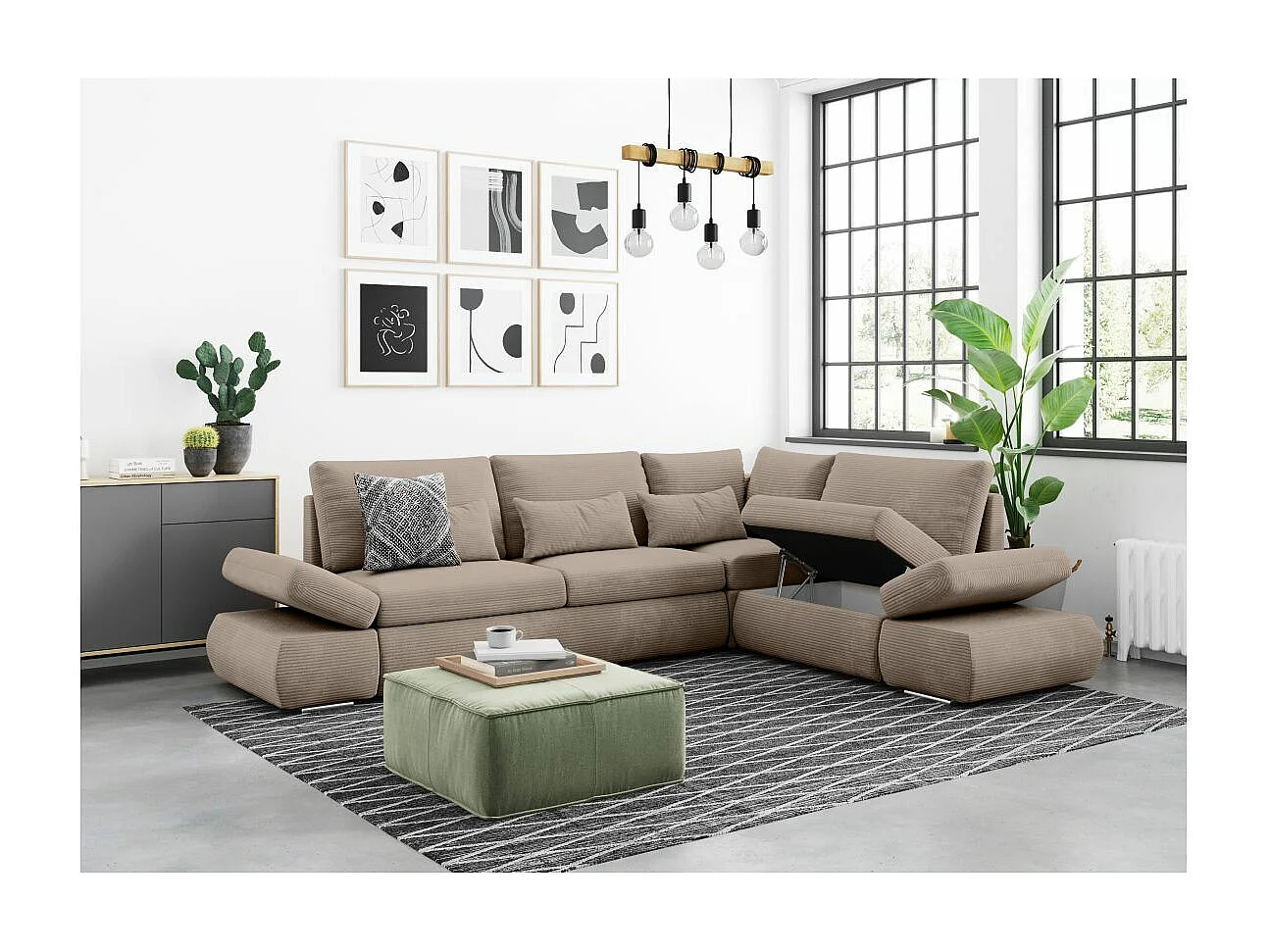 Canapé d'angle 4 places réversible Sebastian convertible avec coffre en velours côtelé - Taupe - L267 x P200 x H90cm - Loungitude