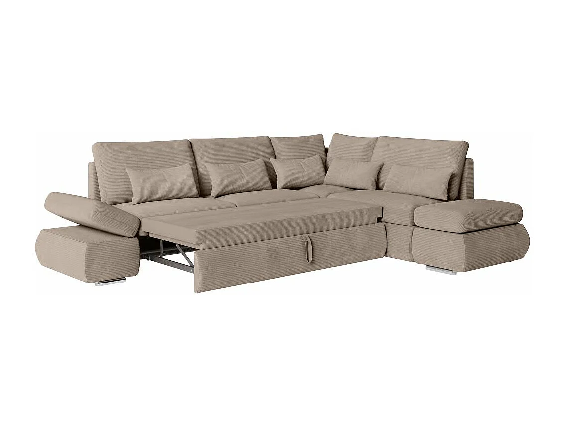 Canapé d'angle 4 places réversible Sebastian convertible avec coffre en velours côtelé - Taupe - L267 x P200 x H90cm - Loungitude