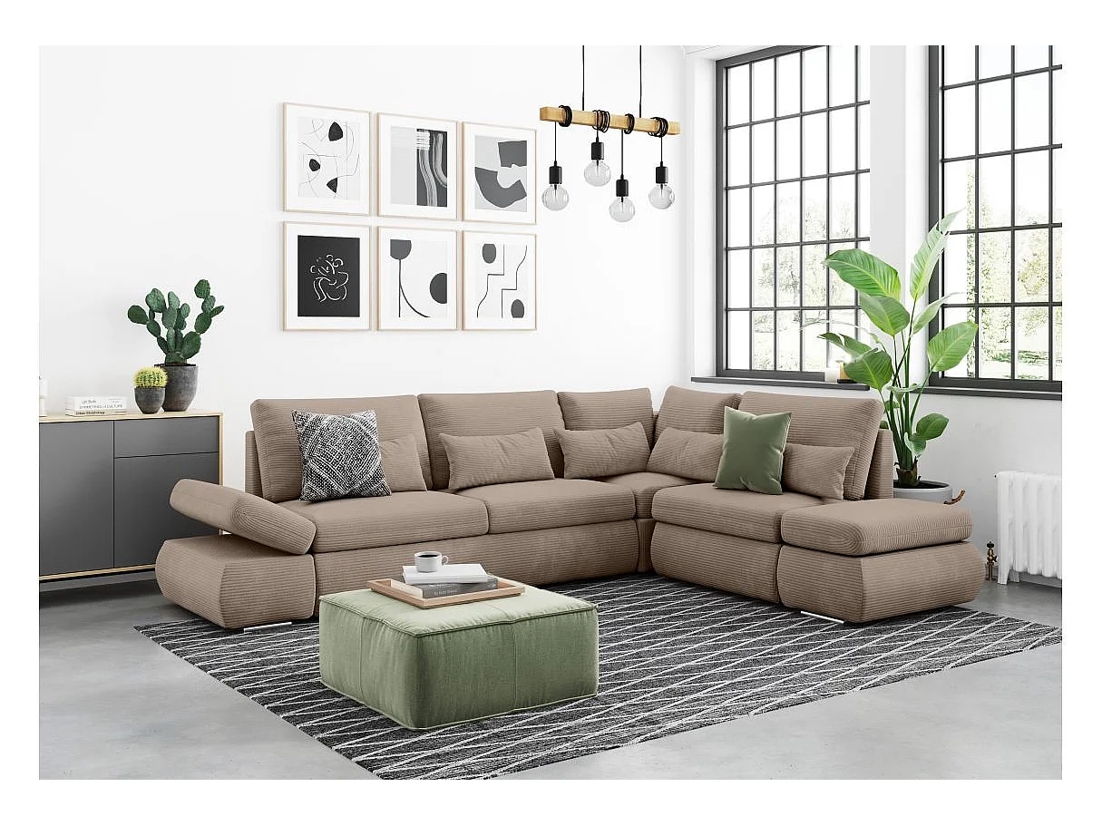 Canapé d'angle 4 places réversible Sebastian convertible avec coffre en velours côtelé - Taupe - L267 x P200 x H90cm - Loungitude