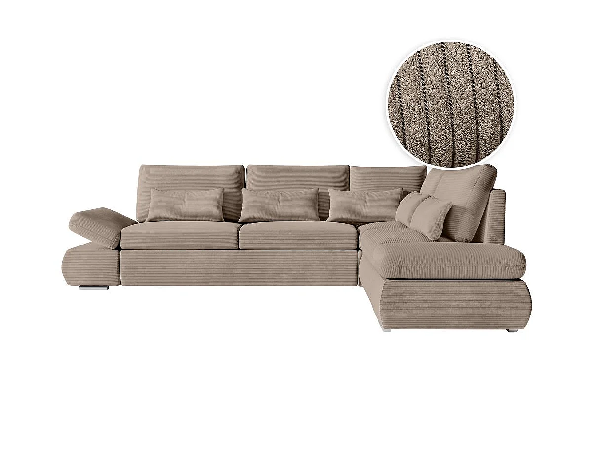 Canapé d'angle 4 places réversible Sebastian convertible avec coffre en velours côtelé - Taupe - L267 x P200 x H90cm - Loungitude