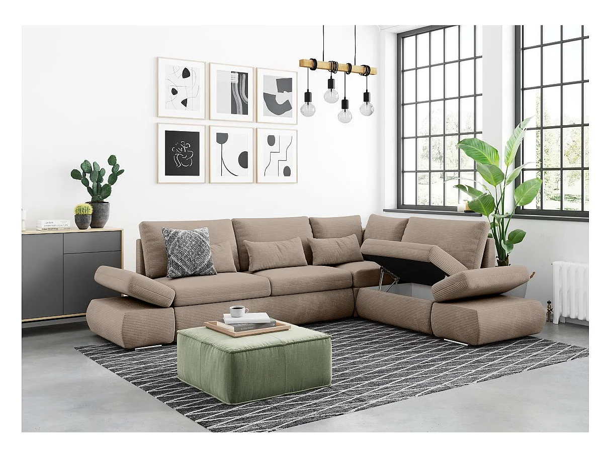 Canapé d'angle 4 places réversible Sebastian convertible avec coffre en velours côtelé - Taupe - L267 x P200 x H90cm - Loungitude