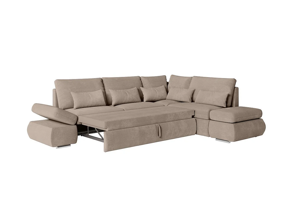 Canapé d'angle 4 places réversible Sebastian convertible avec coffre en velours côtelé - Taupe - L267 x P200 x H90cm - Loungitude
