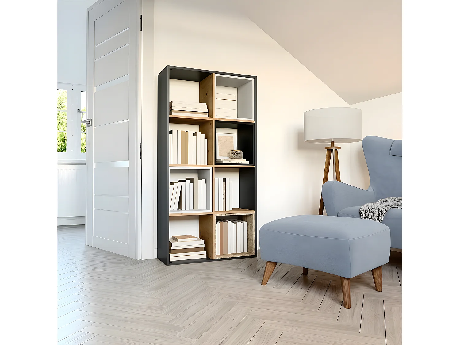 MARION - Estantería modular con 8 cubos - Librería con 8 compartimentos - 147x30x75 cm - Muebles de almacenaje