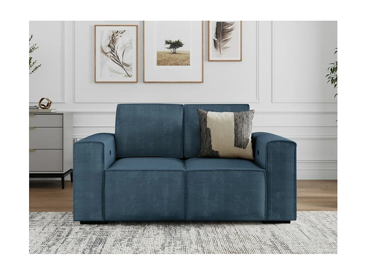 Canapé de relaxation électrique Charline 2 places en velours côtelé - Bleu foncé - L165 x P97 x H92cm - Loungitude