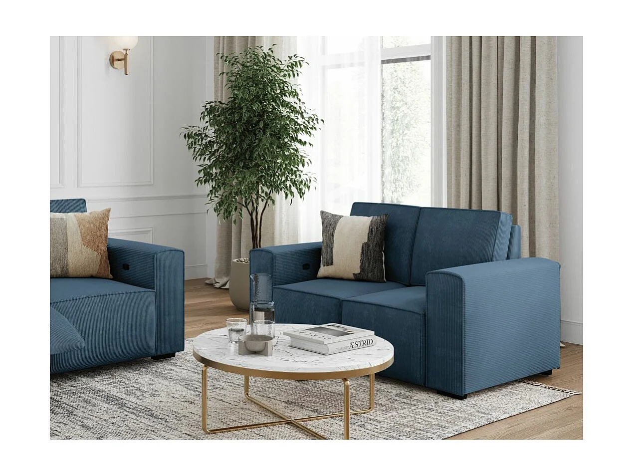 Canapé de relaxation électrique Charline 2 places en velours côtelé - Bleu foncé - L165 x P97 x H92cm - Loungitude