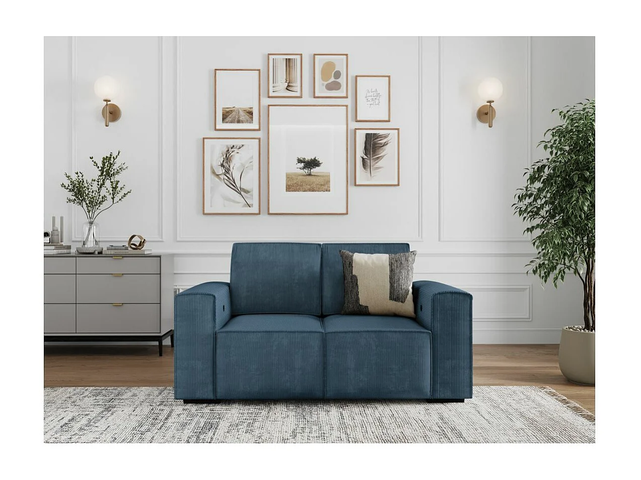 Canapé de relaxation électrique Charline 2 places en velours côtelé - Bleu foncé - L165 x P97 x H92cm - Loungitude