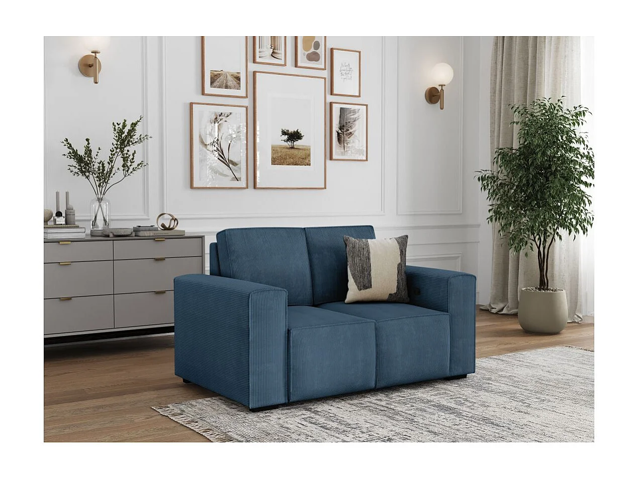 Canapé de relaxation électrique Charline 2 places en velours côtelé - Bleu foncé - L165 x P97 x H92cm - Loungitude