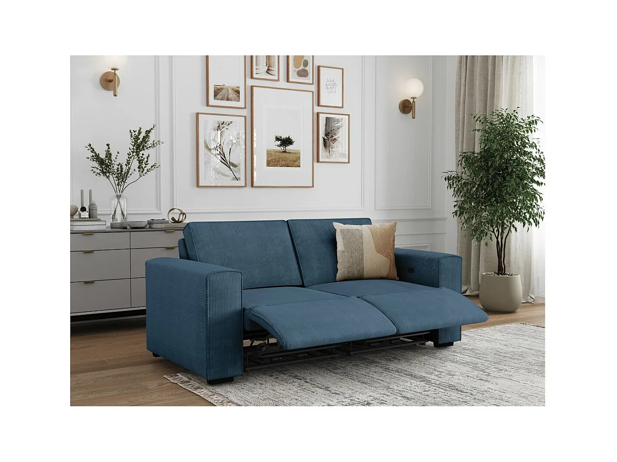 Canapé de relaxation électrique Charline 3 places en velours côtelé - Bleu foncé - L208 x P97 x H92cm - Loungitude