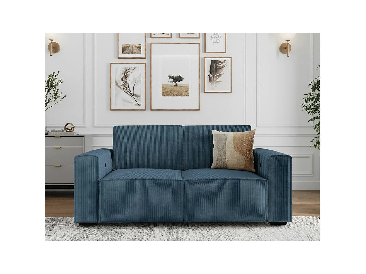 Canapé de relaxation électrique Charline 3 places en velours côtelé - Bleu foncé - L208 x P97 x H92cm - Loungitude