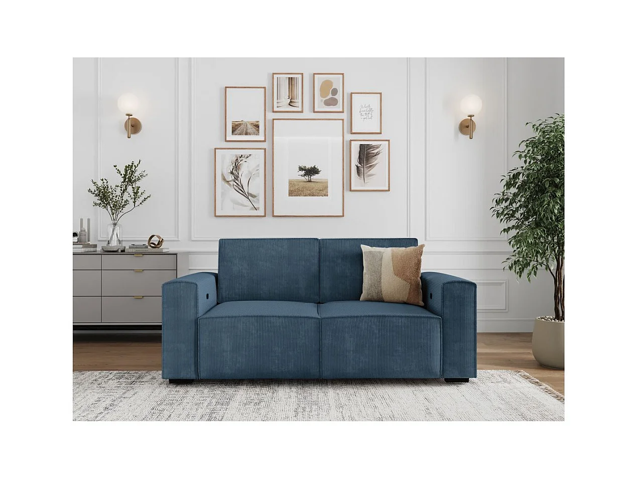 Canapé de relaxation électrique Charline 3 places en velours côtelé - Bleu foncé - L208 x P97 x H92cm - Loungitude