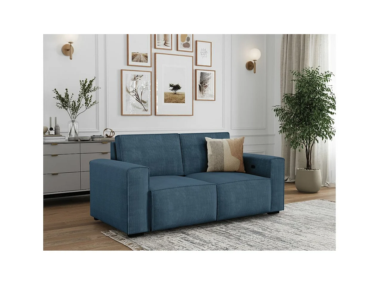 Canapé de relaxation électrique Charline 3 places en velours côtelé - Bleu foncé - L208 x P97 x H92cm - Loungitude